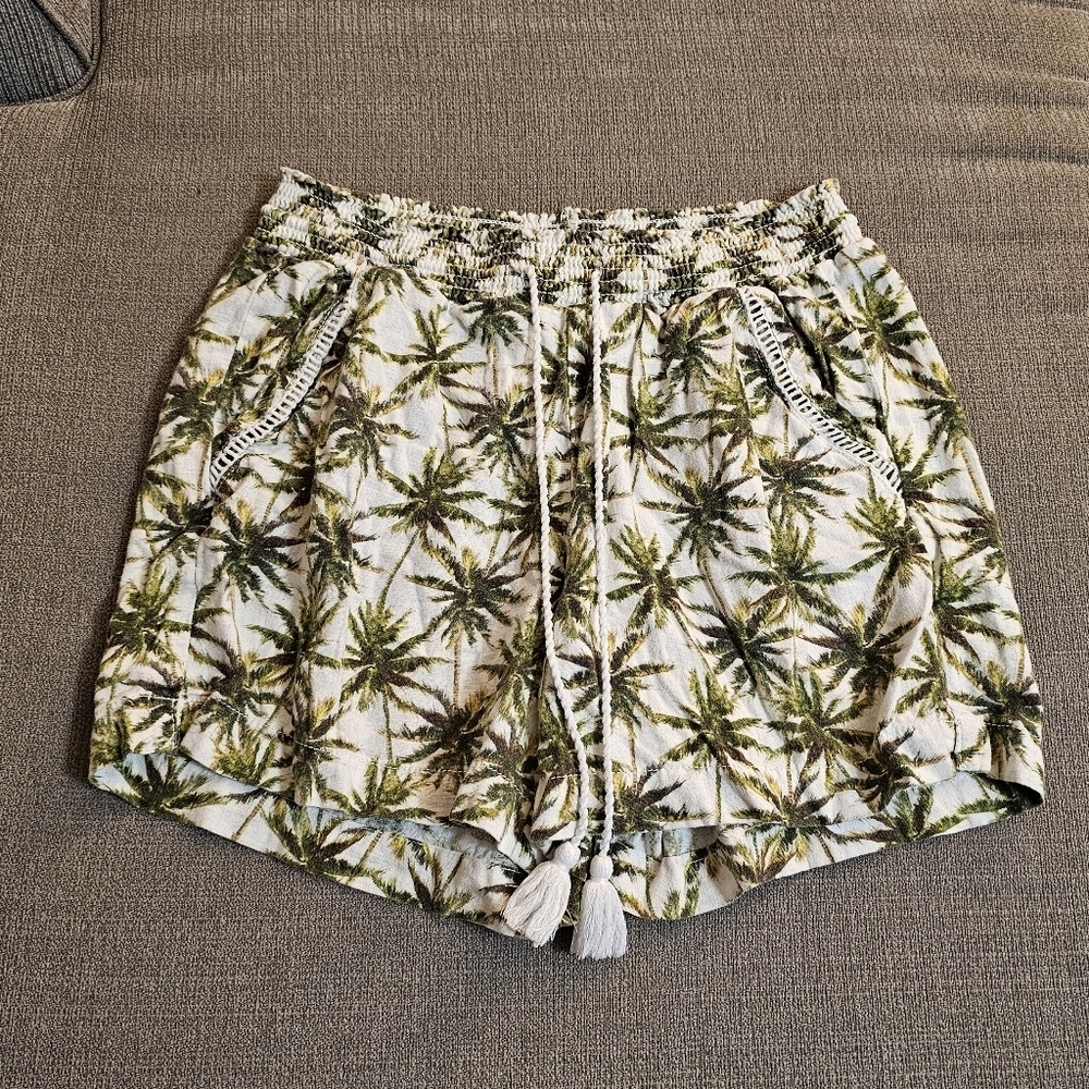 Briggs Linen Blend Green White Palm Print Casual Relaxed Coastal Shorts Medium